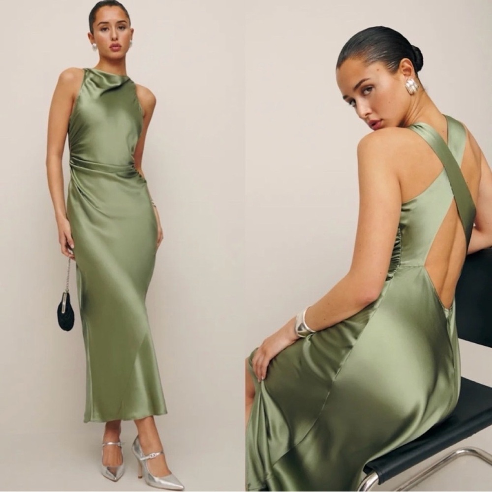 REFORMATION Casette Silk Dress Artichoke Olive Green Midi Womens Size 10 NWT